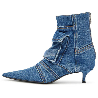 🍒Denim pockets boots ankle kitten heel shoes back zipper shoes retro styles booties with pointed toe smart casual footwear women Pocket This Denim And Make A Point
