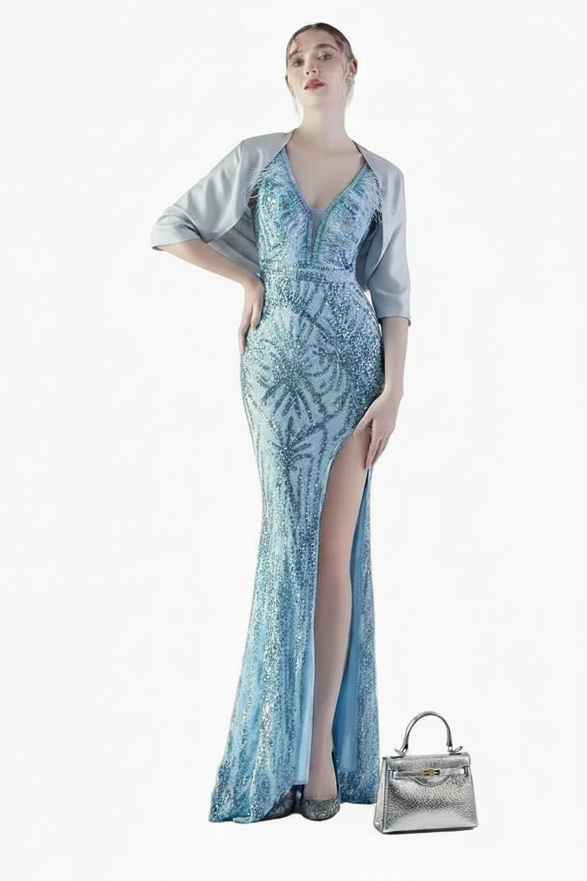 🍒Beaded evening dress v neck sleeveless feather decorated occasion wear party outfit with side slit high-end maxi Work It In Your Bead Work