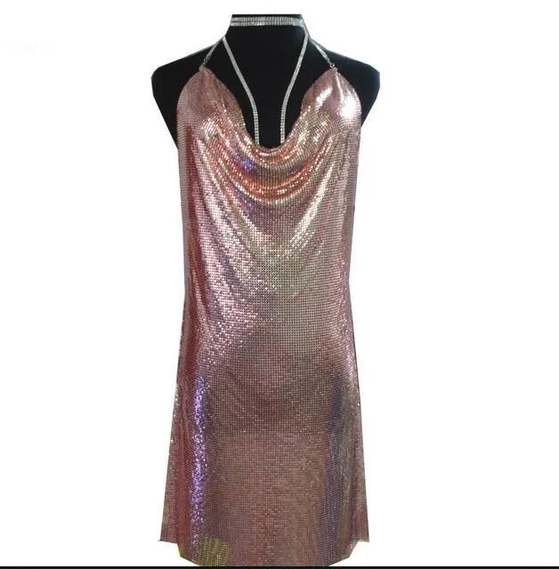 🍒Party outfit for woman Hauture summer wear shiny halter mini dress with cowl neck bodycon backless translucent metallic fashion evening occasion wear club wear Melt Hearts Metalics