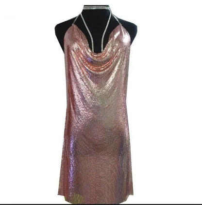 🍒Party outfit for woman Hauture summer wear shiny halter mini dress with cowl neck bodycon backless translucent metallic fashion evening occasion wear club wear Melt Hearts Metalics