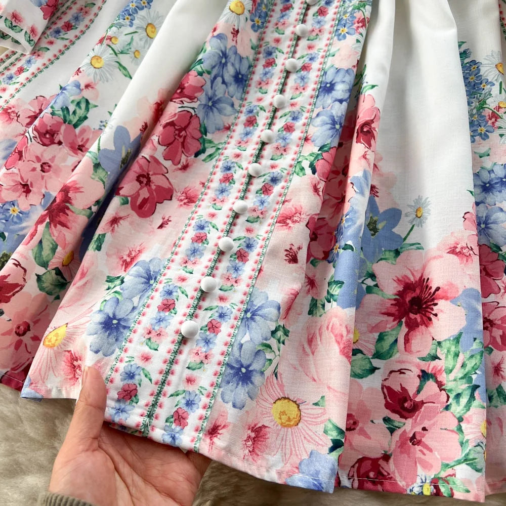 🍒Mandarin collar puff sleeve dress women sweet spring and autumn fashion pleated dresses floral outfit over knee dress