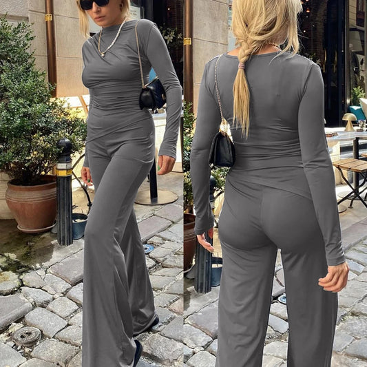 🍒Solid colour set crop top + flared bottom tube pants smart casual clothing women fashion  leggings two piece set Galavant In Your Grey