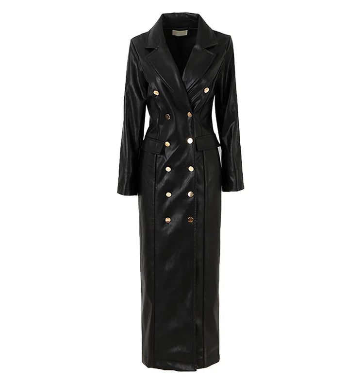 🍒Extra long faux leather trench coat for women double breasted luxury elegant long smart casual pu outerwear Keep aBREAST of DOUBLE take clothing