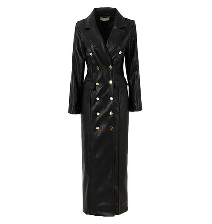 🍒Extra long faux leather trench coat for women double breasted luxury elegant long smart casual pu outerwear Keep aBREAST of DOUBLE take clothing