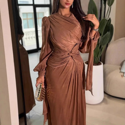 🍒Womens long sleeve pleated  dress evening party wedding guest outfit prom gowns maxi fashion clothing maxi dress clothing Role In Folds