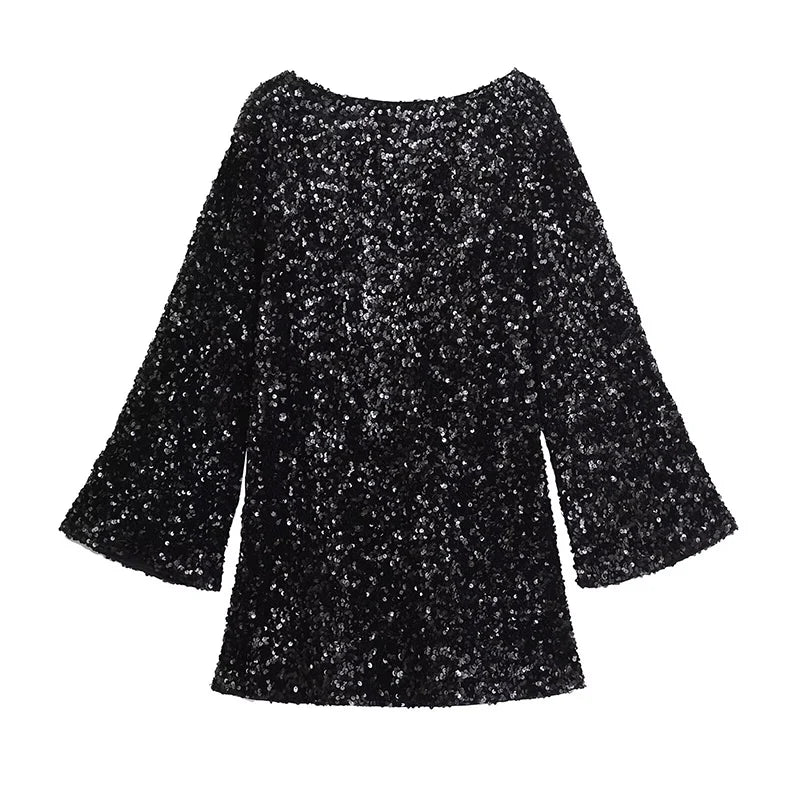 🍒Women's bow front dress sequin outfit for occasion retro long sleeve female party wear Mini dress with wide sleeves.