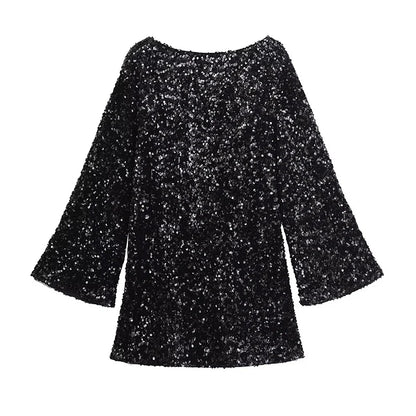 🍒Women's bow front dress sequin outfit for occasion retro long sleeve female party wear Mini dress with wide sleeves.