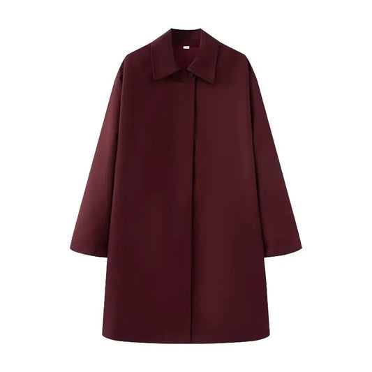 🍒Women's spring and summer fashion style simple and versatile trench coat long sleeves collar outwear smart casual Bottle Style With A Burgundy Coat Dress
