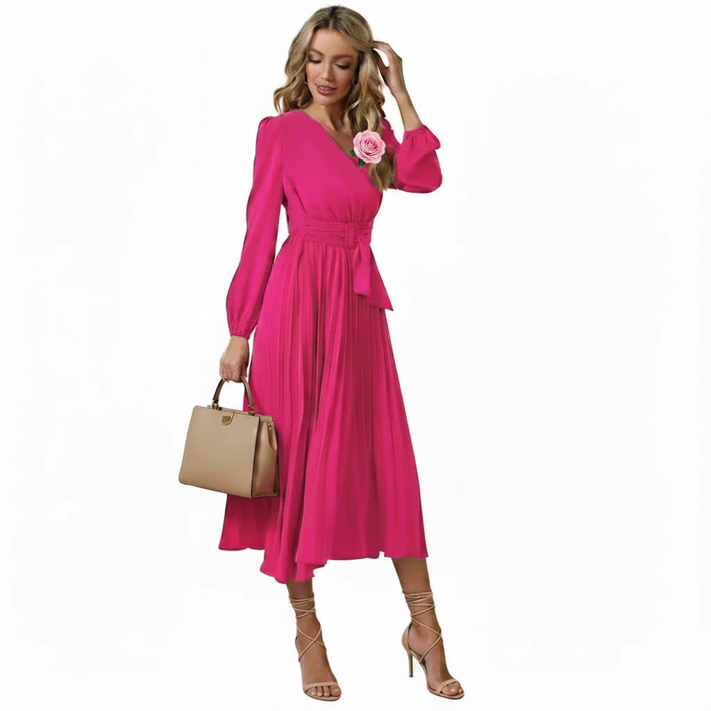 🍒Long sleeve v- neck pleated dress solid colour midi outfit with waist belt long dresses smart casual women office wear 'Appy A-lines