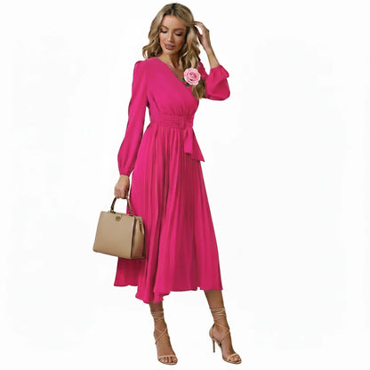 🍒Long sleeve v- neck pleated dress solid colour midi outfit with waist belt long dresses smart casual women office wear 'Appy A-lines