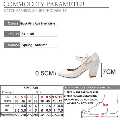 🍒Womens pumps 7cm high thick block heels round toe mary Janes shoes wedding dress footwear office shoes ladies ankle strap heels with bows