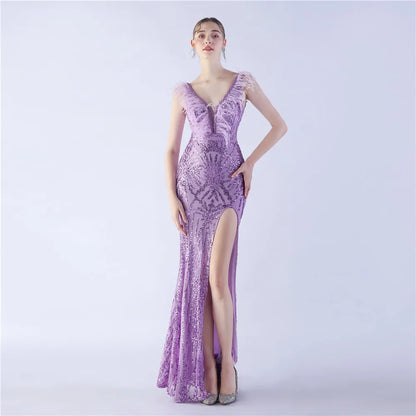 🍒Beaded evening dress v neck sleeveless feather decorated occasion wear party outfit with side slit high-end maxi Work It In Your Bead Work