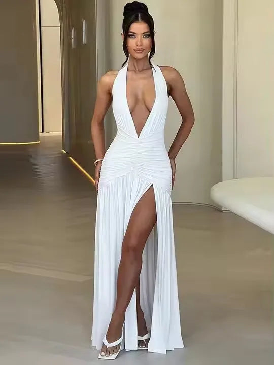 🍒backless sleeveless dress halter V-neck elegant maxi high slit womens fashion party occasion wear