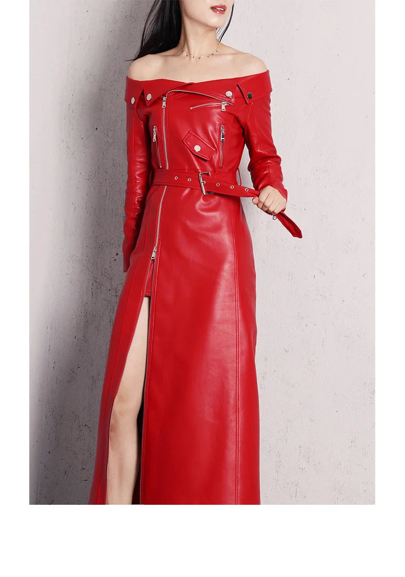 🍒Leather long dresses with side split for women slash neck red black pu outfit long sleeve shoulderless for occasions party wear club wear REDiculously Cool