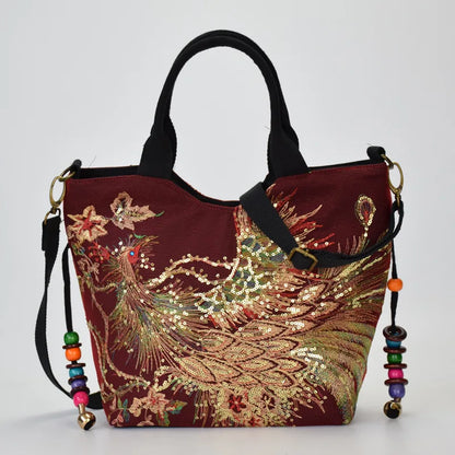 🍒Sequins tote bag ethnic style peacock embroidery handbags ladies vintage canvas crossbody bag grab bag smart casual accesssories Display Your Style With A peacock