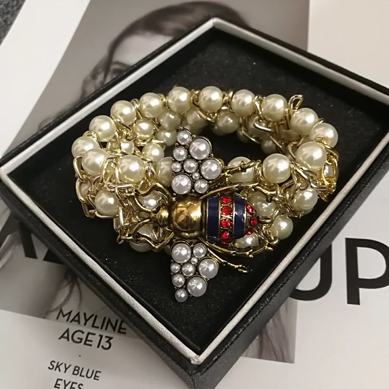 🍒Elastic pearl bracelet women's adjustable crystal bee bracelet  bangle party jewellery for occasions gift smart casual accessories Nice To Bee ' Wear