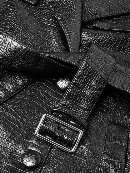 🍒Black crocodile trench coat patent faux leather coat long black for women long sleeve belt fall red leather clothes women