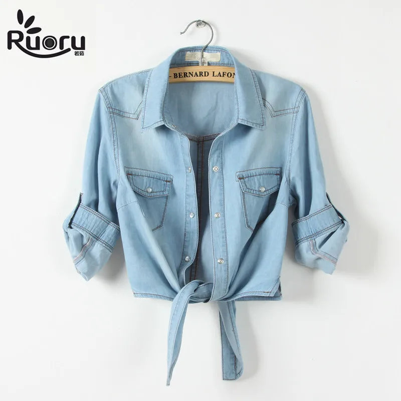 🍒kimono denim shirt short sleeve women tops crop short Jeans shirt womens summer blouses cool feminine shirts casual clothes Get Tied To Denim