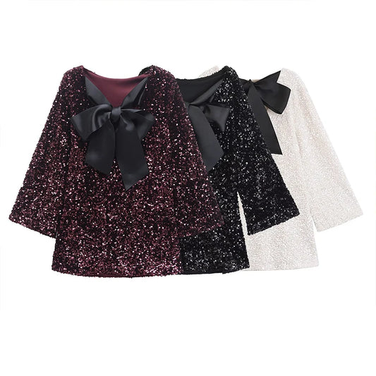 🍒Women's bow front dress sequin outfit for occasion retro long sleeve female party wear Mini dress with wide sleeves.