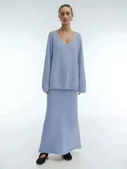 🍒Sweater 2 Pieces sets winter casual outfits warm autumn maxi a-line skirt and v- neck knitted long sleeve jumper women