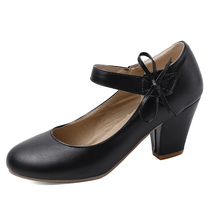 🍒Womens pumps 7cm high thick block heels round toe mary Janes shoes wedding dress footwear office shoes ladies ankle strap heels with bows