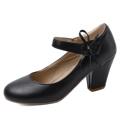 🍒Womens pumps 7cm high thick block heels round toe mary Janes shoes wedding dress footwear office shoes ladies ankle strap heels with bows