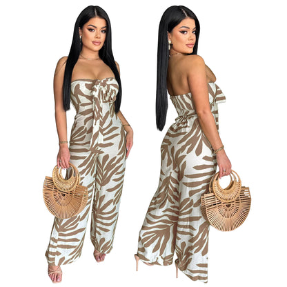 🍒Printed bodycon Jumpsuit with Wide legs clubwear beach party holiday fashion wear for women smart casul clothing