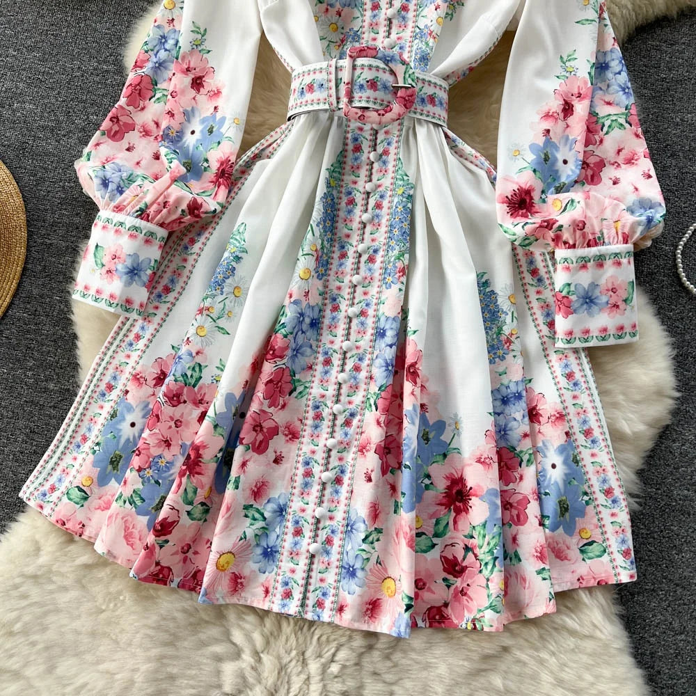 🍒Mandarin collar puff sleeve dress women sweet spring and autumn fashion pleated dresses floral outfit over knee dress