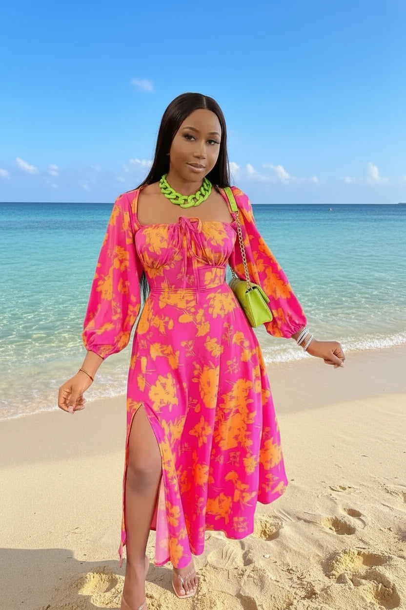 🍒Women's floral print dress midaxi square collar long puff sleeve party dress with split fashion with flowers bright colour outfits beach party wear holiday clothing Get Satu-Rated
