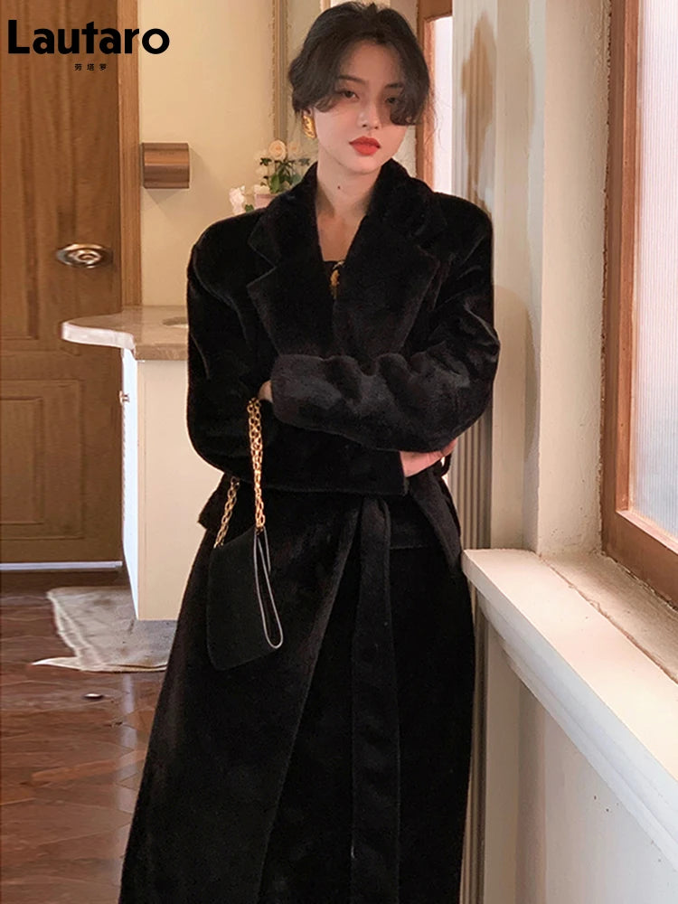 🍒Winter faux fur coat oversized black trench coat womens long black tie belt coat smart casual stylish outerwear