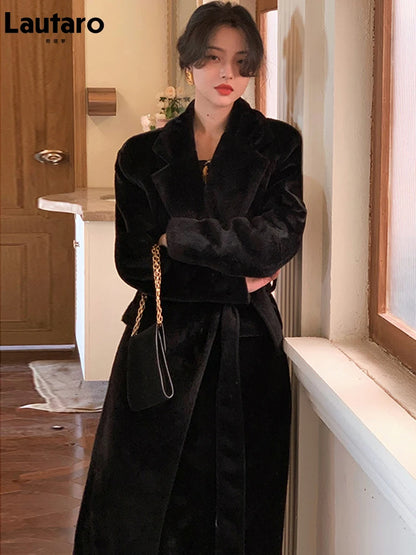 🍒Winter faux fur coat oversized black trench coat womens long black tie belt coat smart casual stylish outerwear