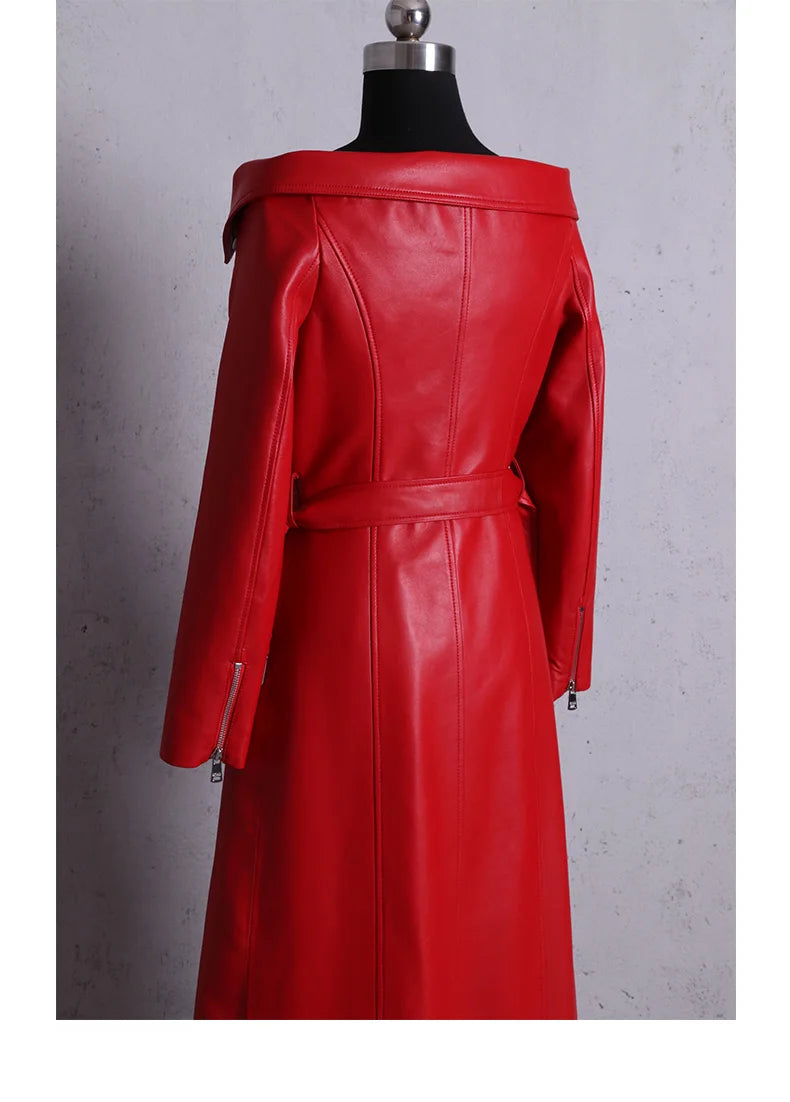 🍒Leather long dresses with side split for women slash neck red black pu outfit long sleeve shoulderless for occasions party wear club wear REDiculously Cool