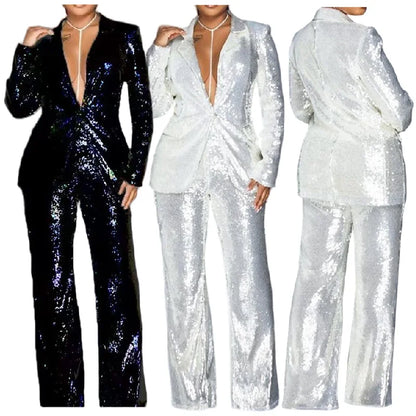 🍒New Arrivals Ladies Elegant Sequins Suits Set for Women Pants and Long Blazer Set for Women Suits Office Formal Suit Gorg GlitZ
