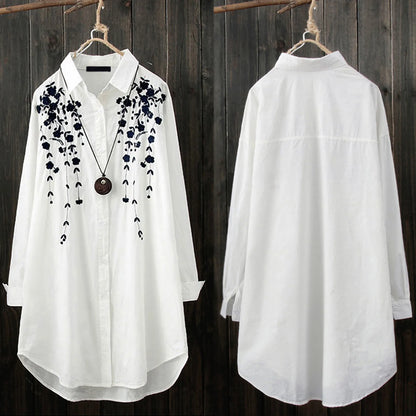 🍒White long shirts for women floral blouse spring summer fashion wear office lady elegant loose casual tops button blouse tunic top Tune Into Tunics