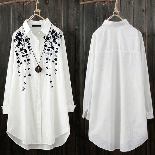 🍒White long shirts for women floral blouse spring summer fashion wear office lady elegant loose casual tops button blouse tunic top Tune Into Tunics