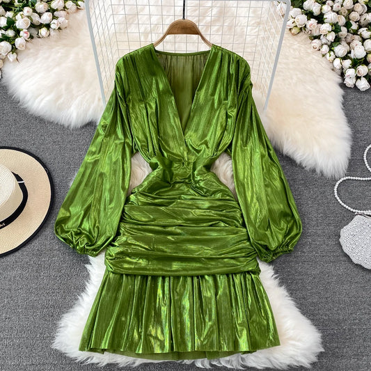 🍒Womens spring summer fashion dress shiny material v -neck lantern sleeve pleated occasion outfit hip wrap clothing party wear Super Sensual Satin