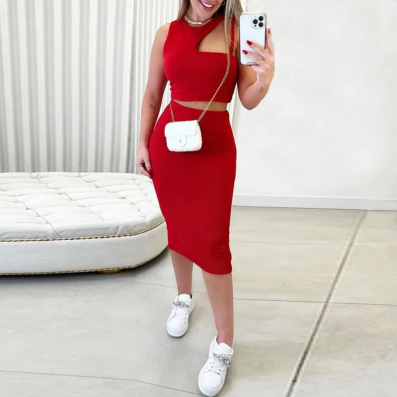 🍒Womens's two piece summer set smart casual wear fashion crop tops and bodycon skirt  Women's Summer sleeveless vest plus midi skirt