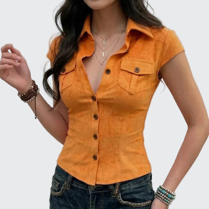 🍒Retro polo shirt with pockets female fashion fitted short sleeve tops women casual fashion clothing streetwear workwear style crop summer wear clothes solid aPEELing shades of ORANGE and Cream