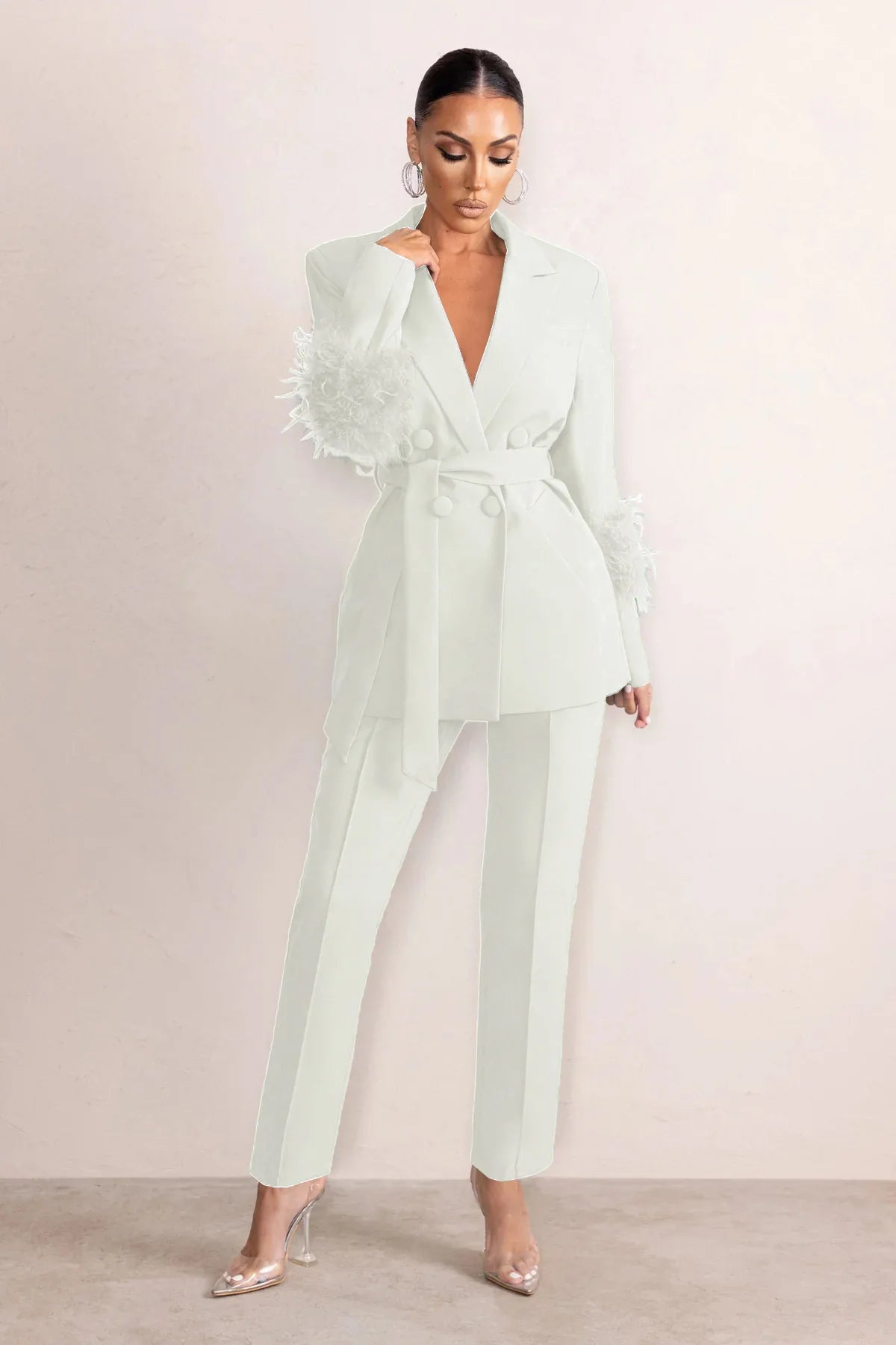 🍒 Smart causal womens two piece blazer set with feathers long sleeve jacket and straight pants set occasion party wear
