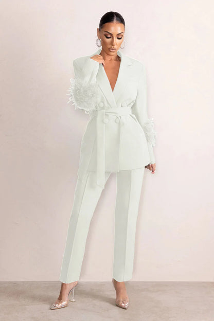 🍒 Smart causal womens two piece blazer set with feathers long sleeve jacket and straight pants set occasion party wear