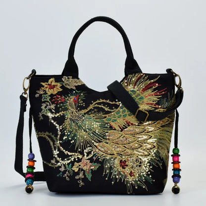🍒Sequins tote bag ethnic style peacock embroidery handbags ladies vintage canvas crossbody bag grab bag smart casual accesssories Display Your Style With A peacock