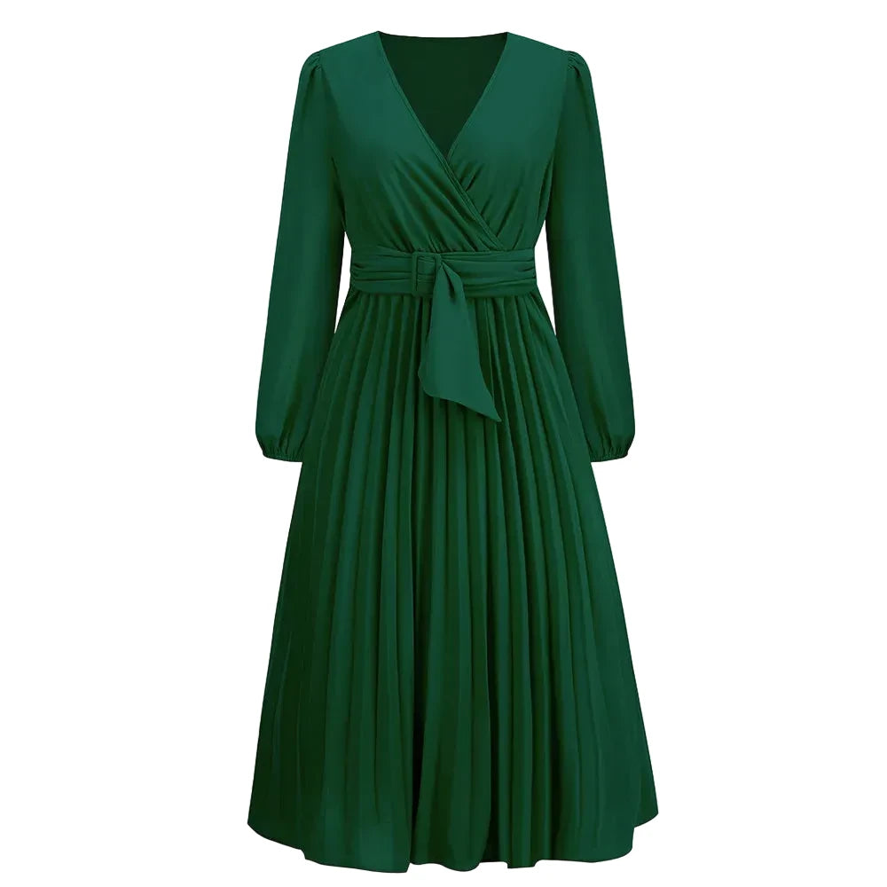 🍒Long sleeve v- neck pleated dress solid colour midi outfit with waist belt long dresses smart casual women office wear 'Appy A-lines