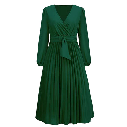 🍒Long sleeve v- neck pleated dress solid colour midi outfit with waist belt long dresses smart casual women office wear 'Appy A-lines