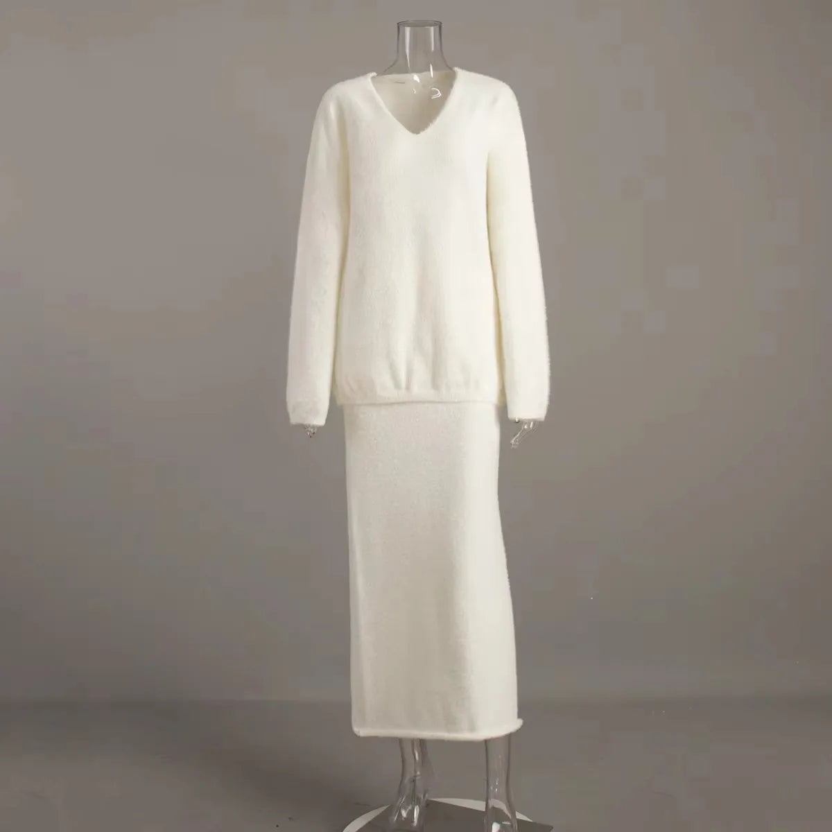 🍒Sweater 2 Pieces sets winter casual outfits warm autumn maxi a-line skirt and v- neck knitted long sleeve jumper women