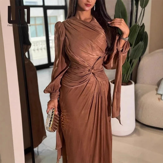 🍒Womens long sleeve pleated  dress evening party wedding guest outfit prom gowns maxi fashion clothing maxi dress clothing Role In Folds
