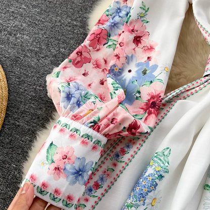 🍒Mandarin collar puff sleeve dress women sweet spring and autumn fashion pleated dresses floral outfit over knee dress