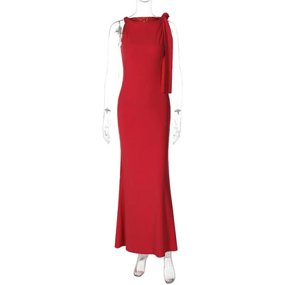 🍒Off-shoulder sleeveless maxi dress long elegant diagonal collar occasion fashion for women  party outfits elegant bodycon Keep Aside Of The Side Tie Style