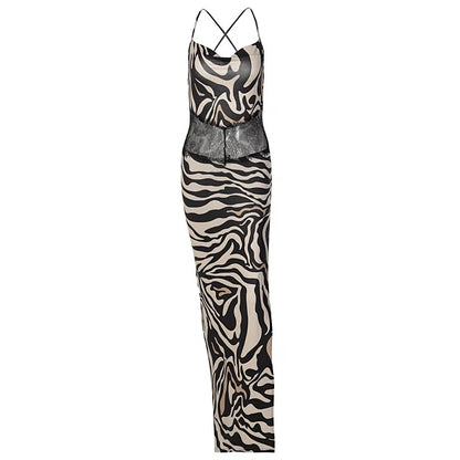 🍒Womens backless spaghetti strap dress hip slit mesh zebra ladies maxi slip dresses animal print zebra fashion transparent clothing party occasion wear Get In The Zebra Zone