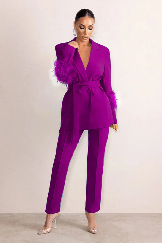 🍒 Smart causal womens two piece blazer set with feathers long sleeve jacket and straight pants set occasion party wear