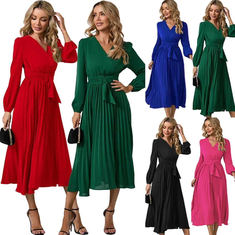 🍒Long sleeve v- neck pleated dress solid colour midi outfit with waist belt long dresses smart casual women office wear 'Appy A-lines